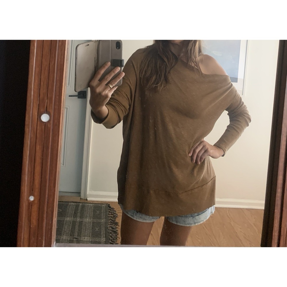 We The Free Off One Shoulder Top Sz S Oversized Brown Long Sleeve 100% Cotton